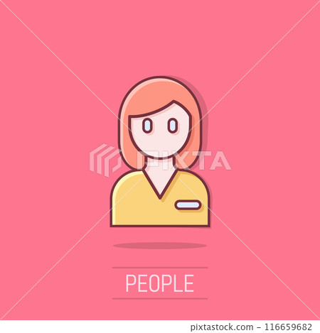 Woman face icon in comic style. People cartoon vector illustration on isolated background. Partnership splash effect business concept. 116659682