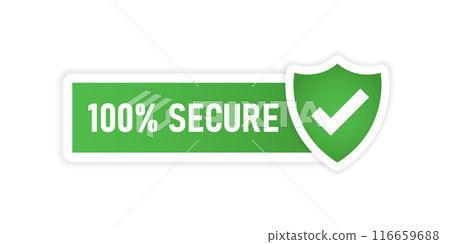 100% secure icon in flat style. Privacy guarantee vector illustration on isolated background. Safety risk sign business concept. 100% secure icon in flat style. Privacy guarantee vector illustration on isolated background. Safety risk sign business concept. 116659688