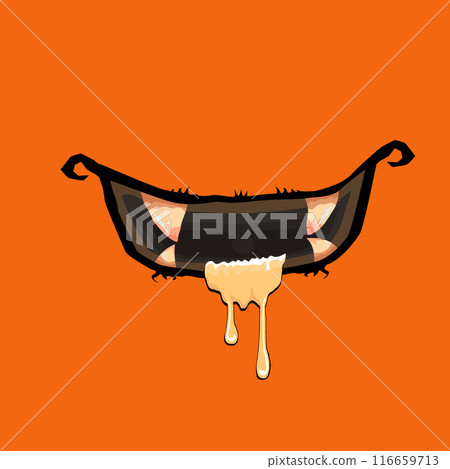 Vector cartoon funny zombie monster open mouth with drooling green slime isolated on orange background. Vector Halloween greeting card with funne orange monster mouth. Cartoon vampire and zombie fangs 116659713