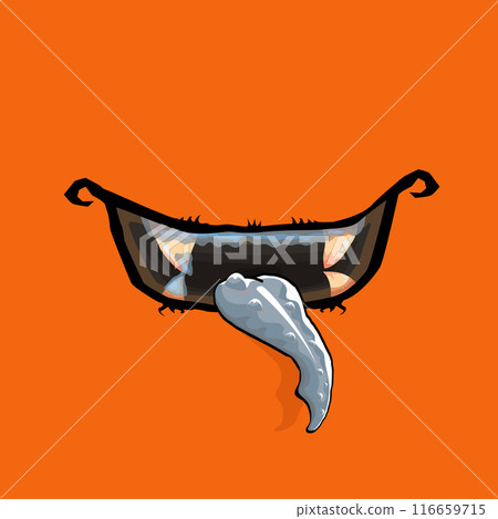 Vector cartoon funny zombie monster open mouth with drooling green slime isolated on orange background. Vector Halloween greeting card with funne orange monster mouth. Cartoon vampire and zombie fangs 116659715