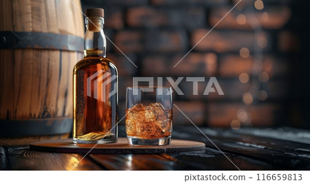 A Glass of Whiskey With Ice and a Bottle in Front of Wooden Barrels 116659813