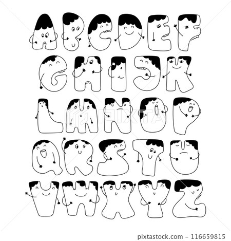Doodle style colorful alphabet, uppercase letters with cute faces and hands 116659815