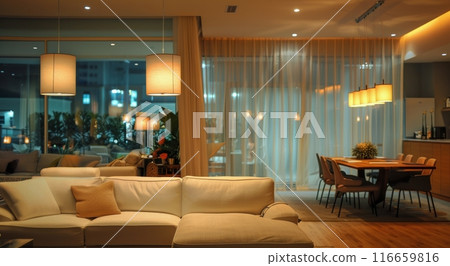 Modern Living Room Interior Design With Sunset View 116659816