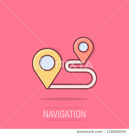 Map pin icon in comic style. GPS navigation cartoon vector illustration on isolated background. Locate position splash effect business concept. Map pin icon in comic style. GPS navigation cartoon vector illustration on isolated background. Locate position splash effect business concept. 116660048