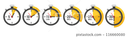 From 5 minutes to 30 minutes on stopwatch icon in flat style. Clock face timer vector illustration on isolated background. Countdown sign business concept. From 5 minutes to 30 minutes on stopwatch icon in flat style. Clock face timer vector illustration on isolated background. Countdown sign business concept. 116660080