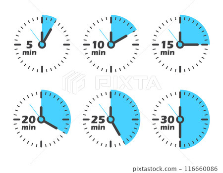 From 5 minutes to 30 minutes on stopwatch icon in flat style. Clock face timer vector illustration on isolated background. Countdown sign business concept. 116660086
