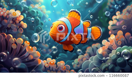 Colorful Clownfish Swimming Near Coral Reef in Sunlight Colorful Clownfish Swimming Near Coral Reef in Sunlight 116660087