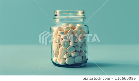 Glass Jar Filled With White Round Pills on a Blue Surface Glass Jar Filled With White Round Pills on a Blue Surface 116660089