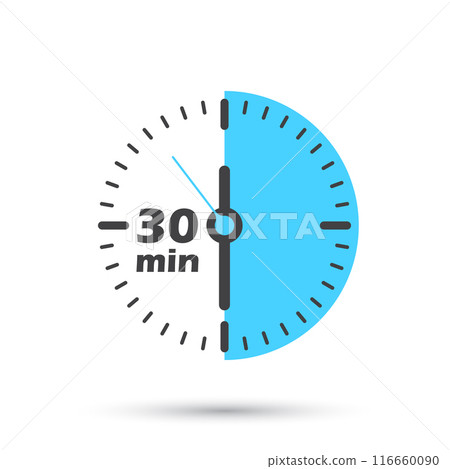30 minutes on stopwatch icon in flat style. Clock face timer vector illustration on isolated background. Countdown sign business concept. 116660090
