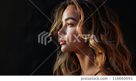 Woman With Long Brown Hair Posing Against Black Background 116660091