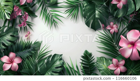 Lush Tropical Leaves and Flowers Frame a White Background 116660106