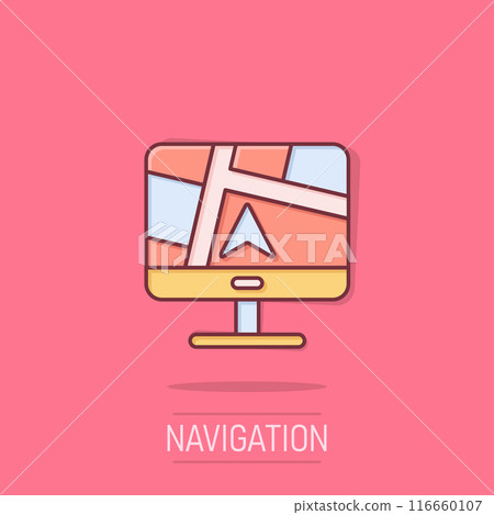 Computer navigation icon in comic style. Monitor pin gps cartoon vector illustration on isolated background. City area location splash effect business concept. 116660107