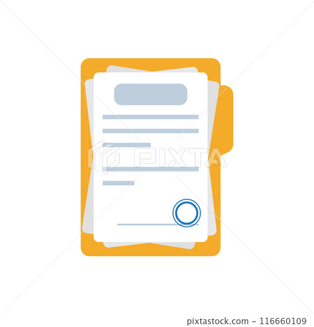 Document, folder with stamp and text icon in flat style. White papers vector illustration on isolated background. Confirmed or approved document sign business concept. 116660109