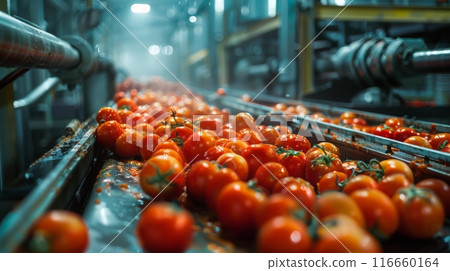 Red Ripe Tomatoes Being Washed on a Conveyor Belt in a Food Processing Facility 116660164