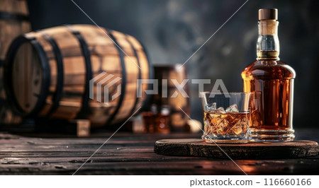 A Glass of Whiskey With Ice and a Bottle in Front of Wooden Barrels 116660166
