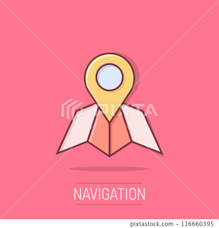 Map pin icon in comic style. GPS navigation cartoon vector illustration on isolated background. Locate position splash effect business concept. 116660395