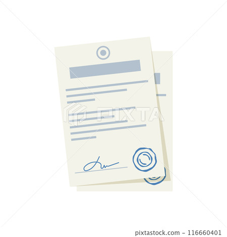 Document with stamp and text icon in flat style. White papers vector illustration on isolated background. Confirmed or approved document sign business concept. 116660401