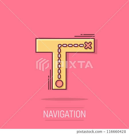 Crossroad icon in comic style. Road direction navigation cartoon vector illustration on isolated background. Locate pin position splash effect business concept. 116660428