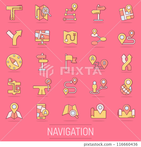 Navigation icon set in comic style. Gps direction cartoon vector illustration on isolated background. Locate pin position splash effect business concept. Navigation icon set in comic style. Gps direction cartoon vector illustration on isolated background. Locate pin position splash effect business concept. 116660436