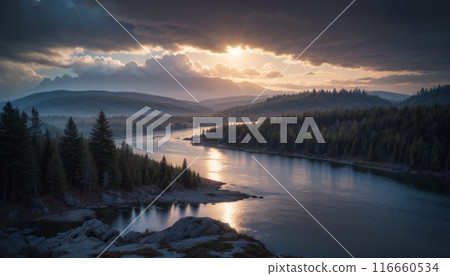 風景066湖邊的夕陽 116660534