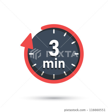 3 minute on stopwatch icon in flat style. Clock face timer vector illustration on isolated background. Countdown sign business concept. 116660551