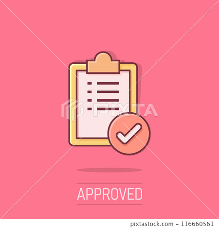 To do list icon in comic style. Document checklist cartoon vector illustration on isolated background. Notepad check mark splash effect business concept. 116660561