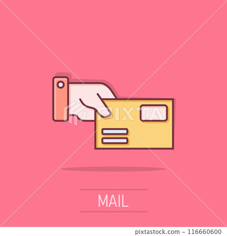 Hand with envelope icon in comic style. Mail letter delivery cartoon vector illustration on isolated background. Receive document splash effect business concept. Hand with envelope icon in comic style. Mail letter delivery cartoon vector illustration on isolated background. Receive document splash effect business concept. 116660600
