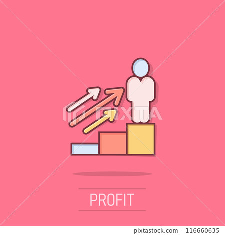 People with growth arrow icon in comic style. Work strategy cartoon vector illustration on isolated background. Office training splash effect business concept. People with growth arrow icon in comic style. Work strategy cartoon vector illustration on isolated background. Office training splash effect business concept. 116660635