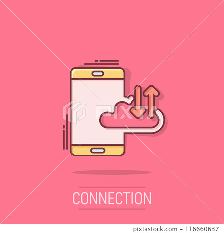 Smartphone with cloud icon in comic style. Phone network storage cartoon vector illustration on isolated background. Online backup splash effect business concept. Smartphone with cloud icon in comic style. Phone network storage cartoon vector illustration on isolated background. Online backup splash effect business concept. 116660637