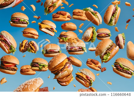 A lot of hamburgers falling from the sky A lot of hamburgers falling from the sky 116660648