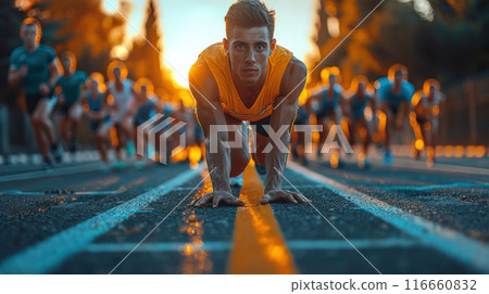 Close Up Runners Shoe Action, group of runners line up at starting blocks ready run, fitness goals 116660832