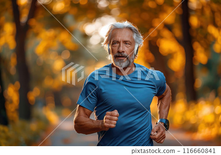 Morning Run Elderly man in sportswear and headphones jogging in park. Outdoor activity 116660841