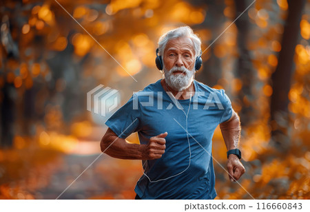 Morning Run Elderly man in sportswear and headphones jogging in park. Outdoor activity 116660843