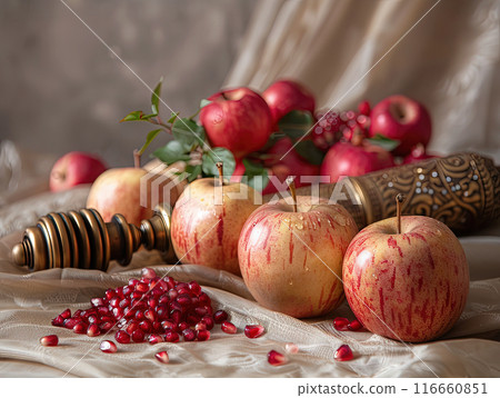 Still life with apples. Rosh Hashanah table bright display apples, honey, pomegranates and shofar 116660851