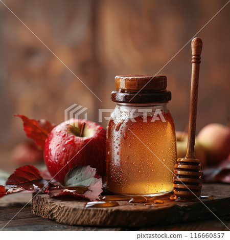 Still life with apples. Rosh Hashanah table bright display apples, honey, pomegranates and shofar 116660857