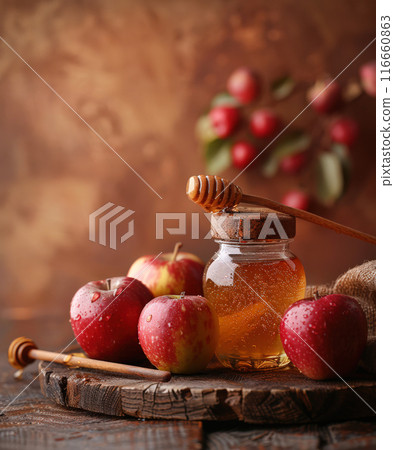 Still life with apples. Rosh Hashanah table bright display apples, honey, pomegranates and shofar 116660863