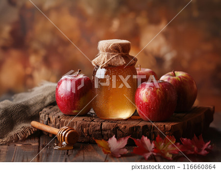 Still life with apples. Rosh Hashanah table bright display apples, honey, pomegranates and shofar 116660864