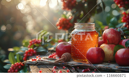 Outdoor Rosh Hashanah landscape, picnic blanket, red apples, honey jar, ram's horn, pomegranates 116660871