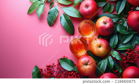 Rosh Hashanah Jewish New Year holiday concept Traditional symbols Honey jar apples pomegranate 116660875
