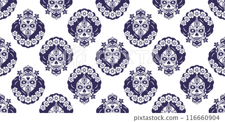 Vector seamless pattern with sugar skulls. Catrina head. Mexican Day of the Dead. Blue and white 116660904