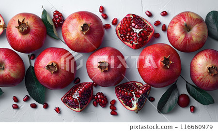 Group Fresh pomegranate fruit whole pomegranate seeds. Pomegranates and red apples Rosh Hashanah 116660979