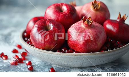 Group Fresh pomegranate fruit whole pomegranate seeds. Pomegranates and red apples Rosh Hashanah 116661032