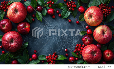 Rosh Hashanah concept. Frame made of symbols Jewish New Year holiday Traditional, copy space Rosh Hashanah concept. Frame made of symbols Jewish New Year holiday Traditional, copy space 116661066