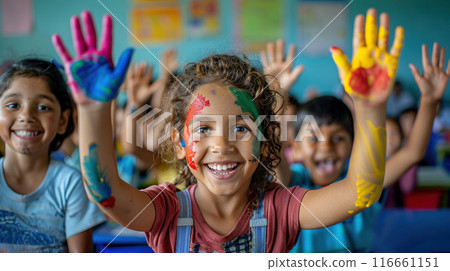 Children different races brightly painted hands raised in joy in classroom. Children laugh smile 116661151