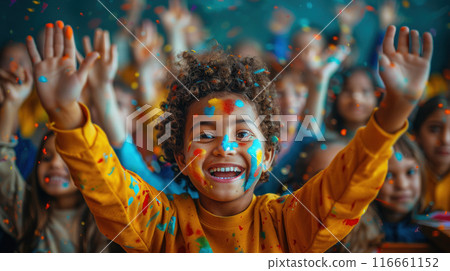 Children different races brightly painted hands raised in joy in classroom. Children laugh smile 116661152