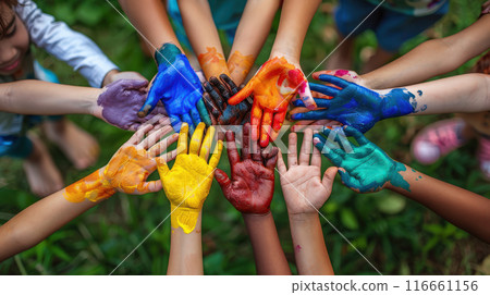 Cheerful circle children different races hands painted different colors, raised up in sign unity 116661156