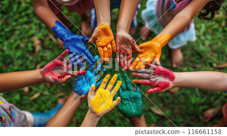 Cheerful circle children different races hands painted different colors, raised up in sign unity 116661158