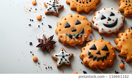 Colorful Halloween. Top view Halloween festive decorated icing gingerbread sugar cookies 116661182
