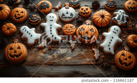 Colorful Halloween. Top view Halloween festive decorated icing gingerbread sugar cookies 116661187