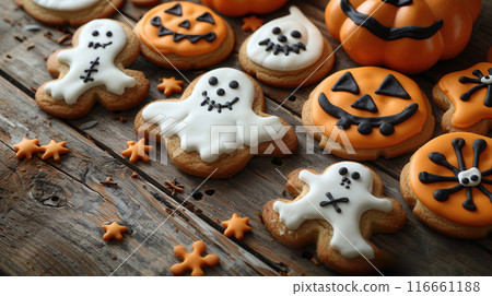 Colorful Halloween. Top view Halloween festive decorated icing gingerbread sugar cookies 116661188